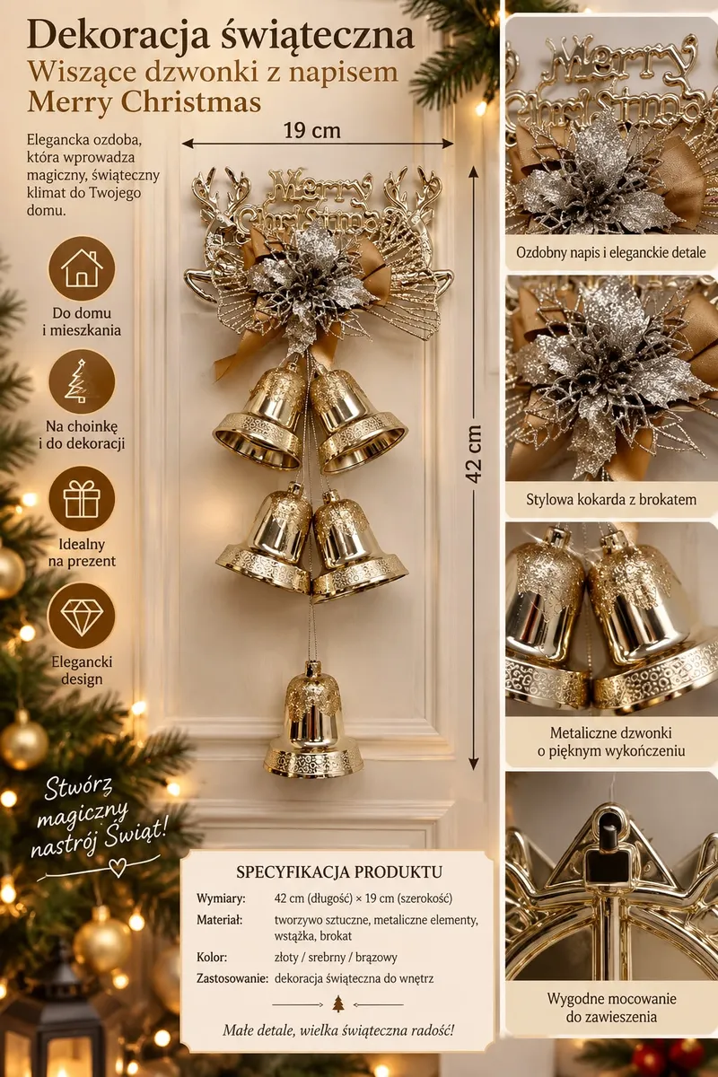 Złote metaliczne dzwonki świąteczne z napisem Merry Christmas i brokatową kokardą