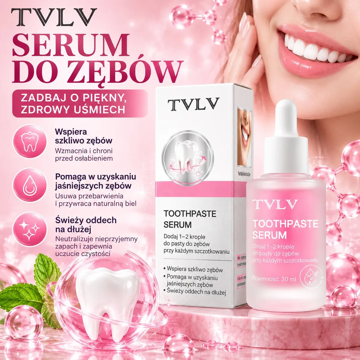 Butelka różowego serum do zębów TVLV z pipetą i opakowanie na różowym tle z uśmiechem kobiety