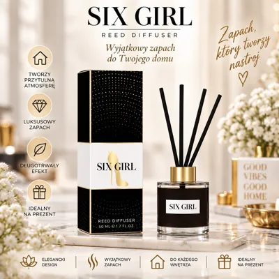 Perfumy z patyczkami Six Girl w czarnym flakonie 50 ml z złotą zakrętką i czarnymi patyczkami