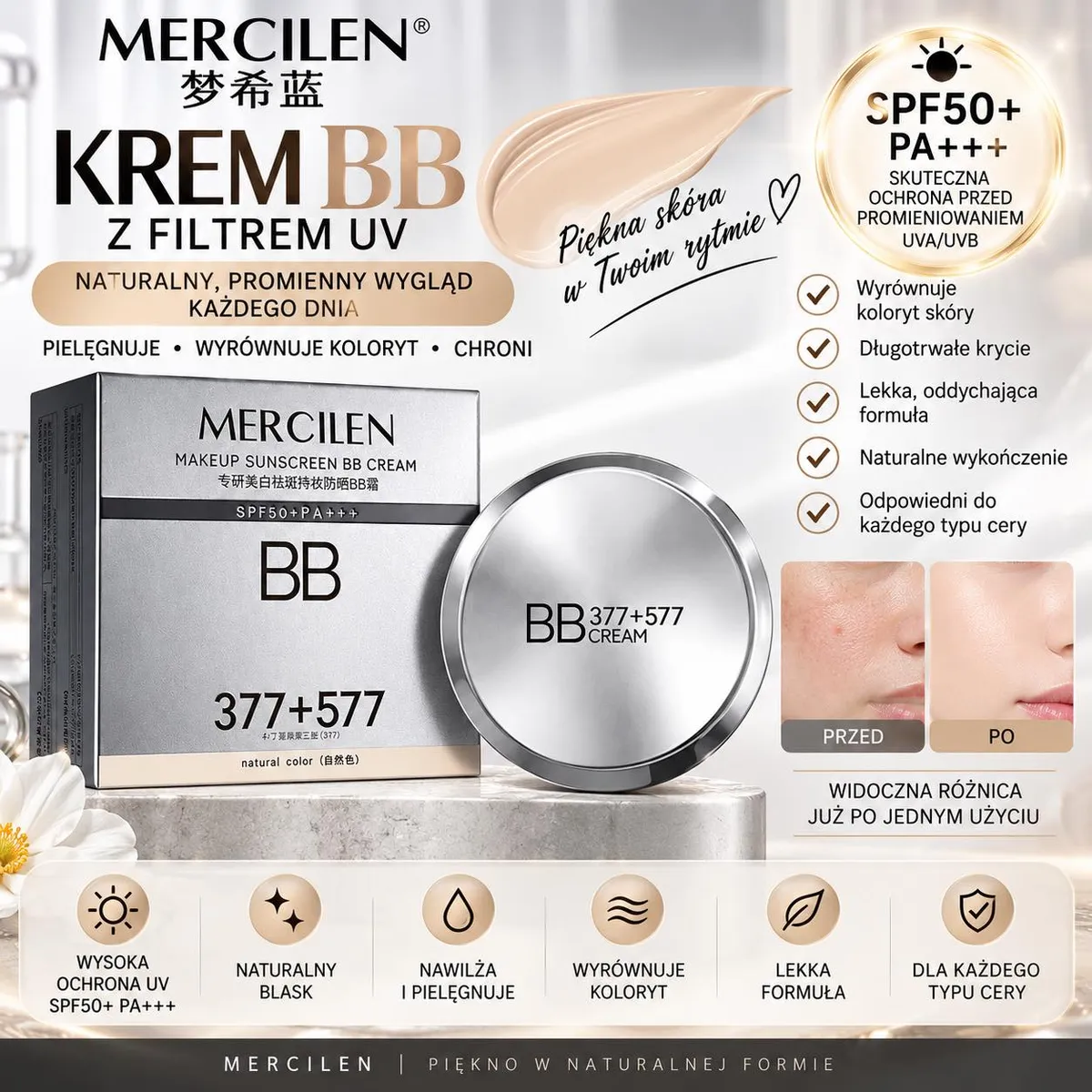 Srebrne opakowanie kremu BB MERCILEN 377+577 z beżową próbką kremu i opisem ochrony SPF50+ PA+++