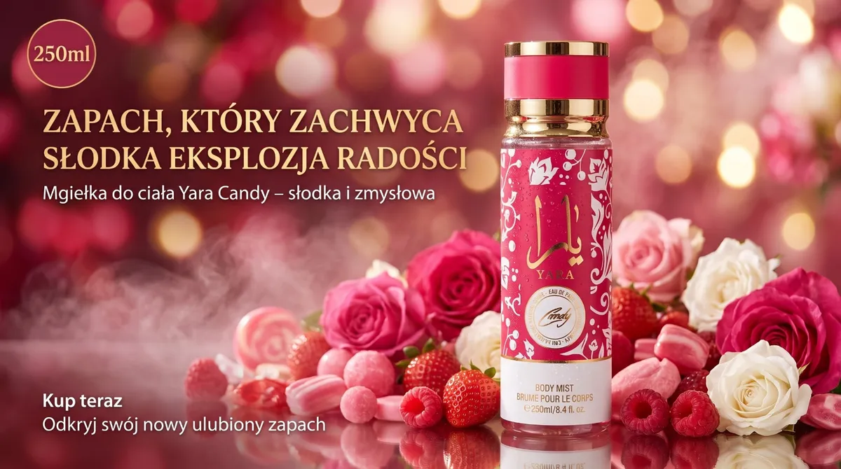 Różowo-złota mgiełka do ciała Yara Candy 250ml z dekoracyjnym wzorem, otoczona różami i owocami