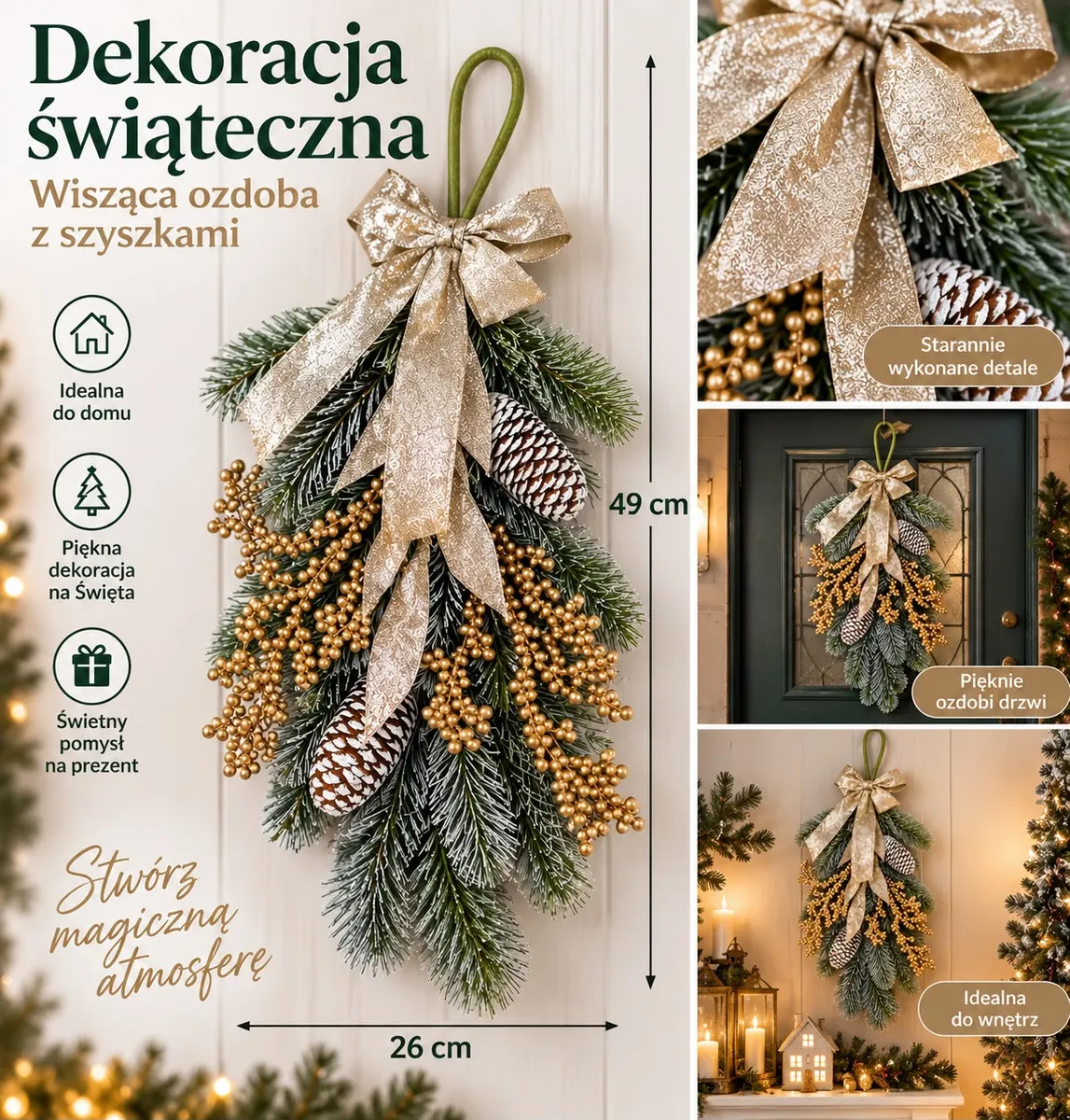 Świąteczna dekoracja wisząca z zielonymi gałązkami, białymi szyszkami i złotą kokardą na jasnym tle