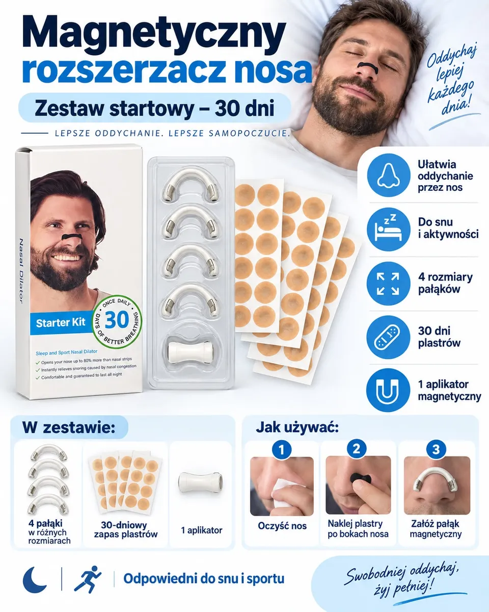 Zestaw magnetycznego rozszerzacza nosa z czterema pałąkami, aplikatorem i plastrami na tle opakowania