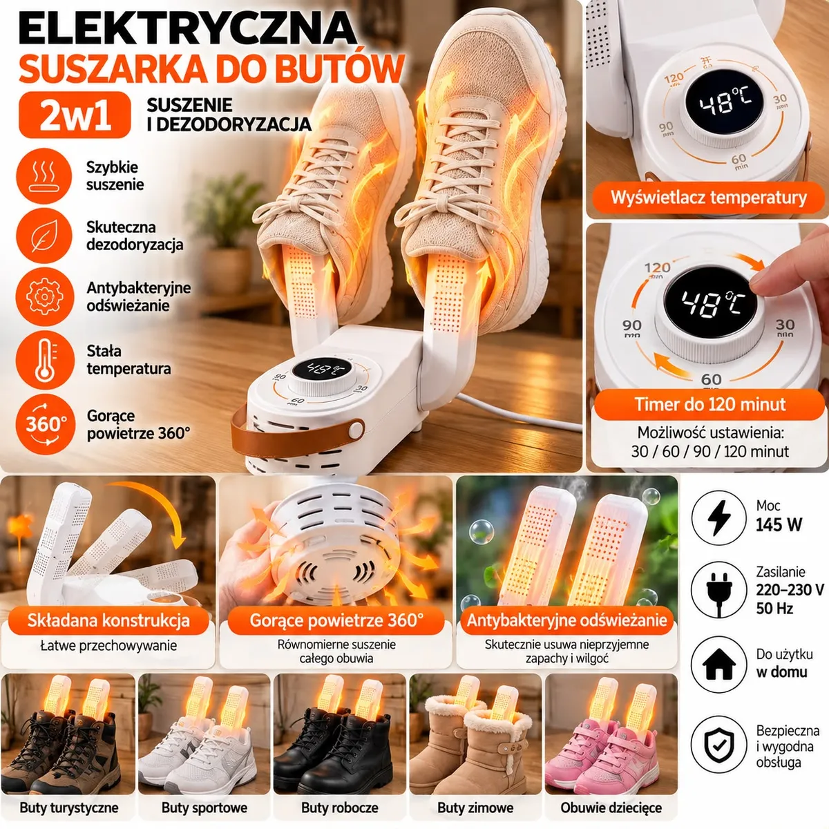 biała elektryczna suszarka do butów z wyświetlaczem temperatury i składanymi ramionami