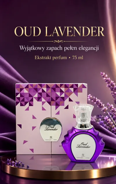 Fioletowa butelka perfum Oud Lavender 75 ml z geometrycznym opakowaniem i lawendą