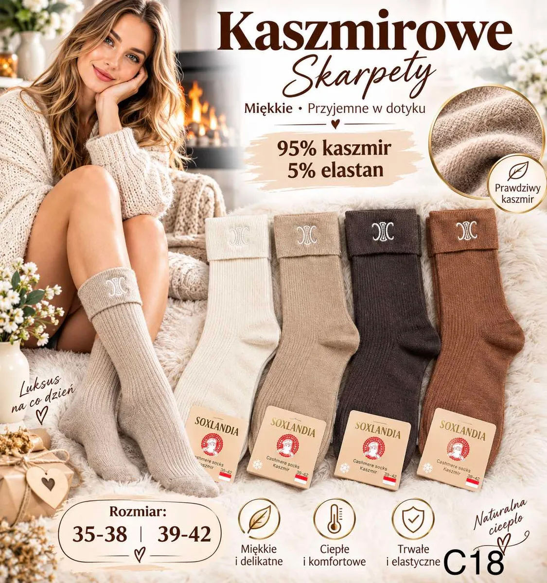 Skarpety kaszmirowe Soxlandia w naturalnych odcieniach beżu i brązu, prążkowane, rozmiary 35-42