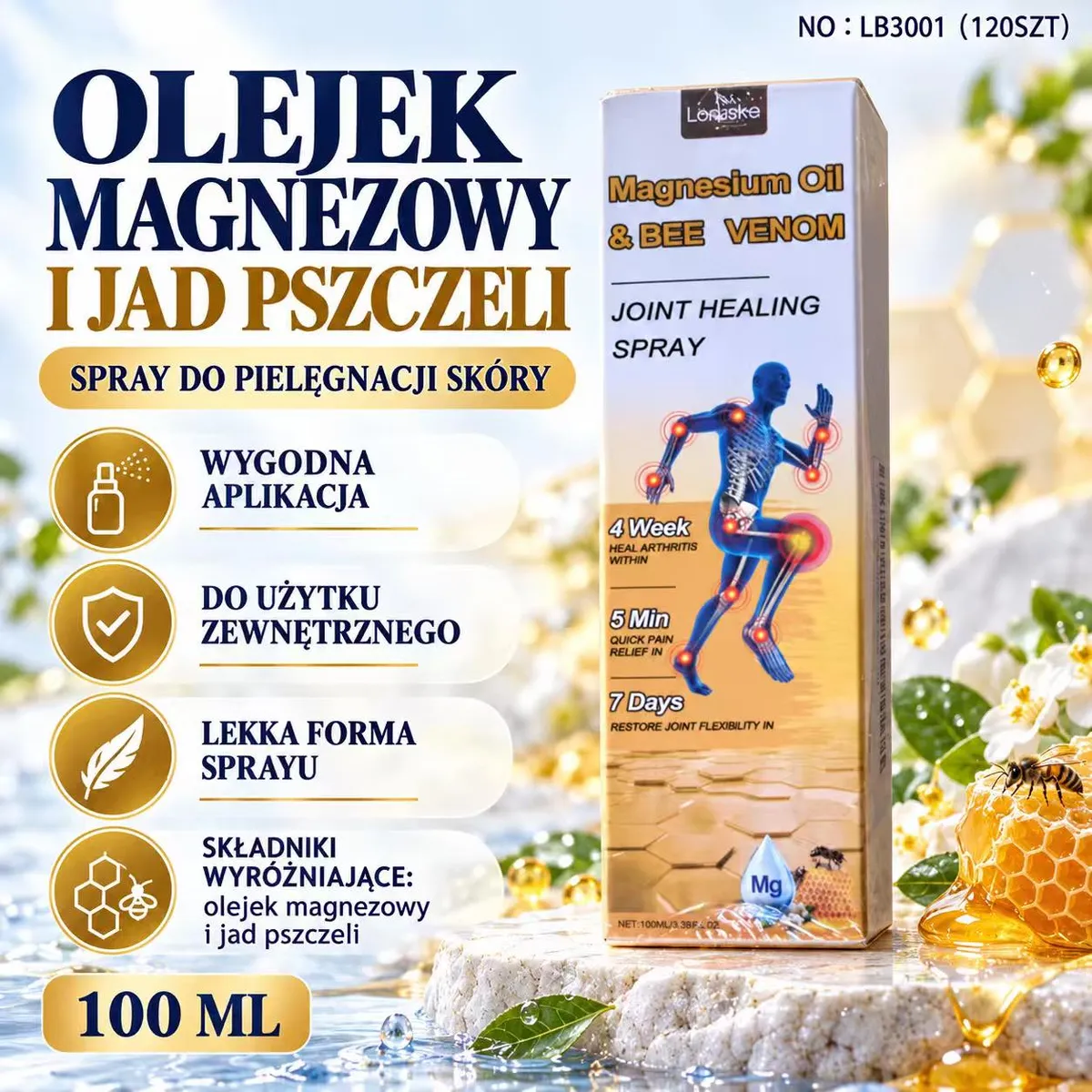 Opakowanie olejku magnezowego i jadu pszczelego w sprayu 100 ml z grafiką człowieka i pszczół