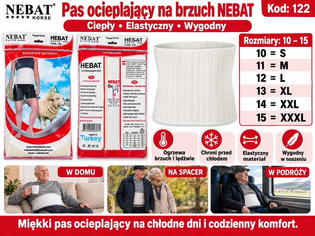 biały prążkowany pas ocieplający na brzuch i lędźwie NEBAT w opakowaniu i na modelu