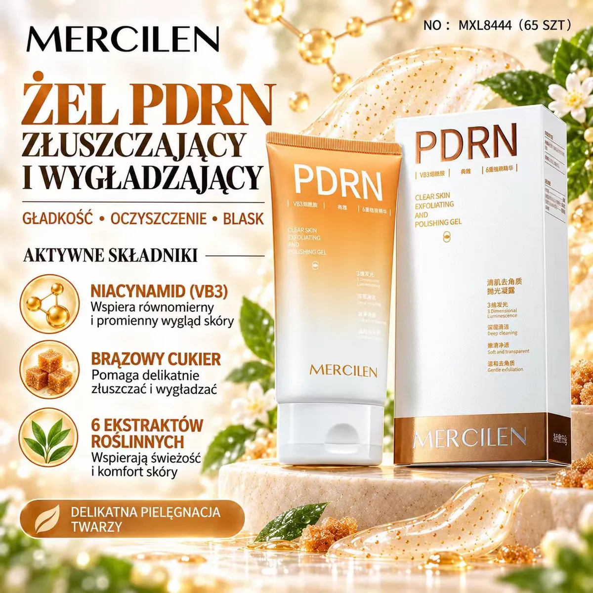 Żel PDRN Mercilen w tubce i opakowaniu z opisem składników i właściwości złuszczających