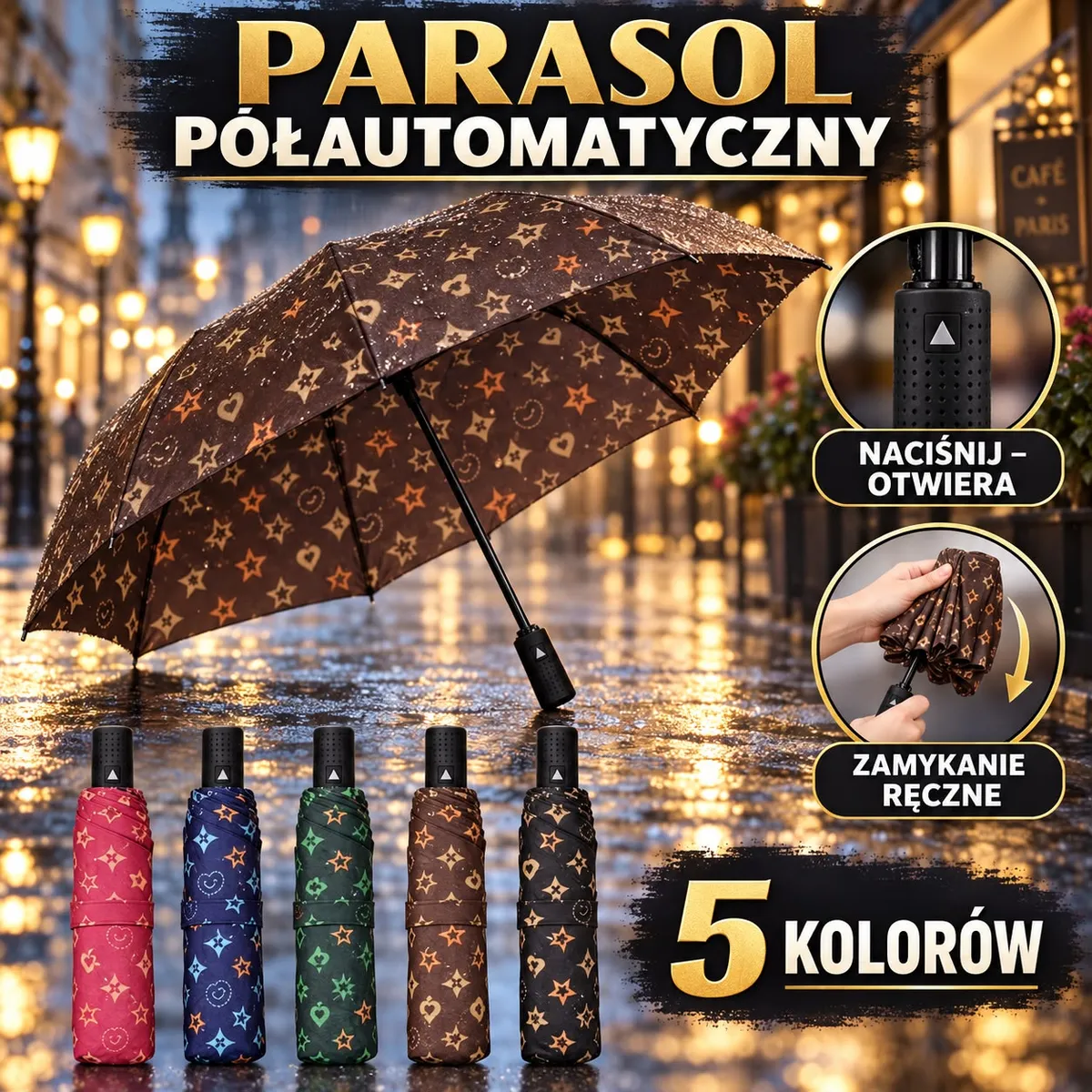 Półautomatyczny parasol składany z kolorowymi symbolami w 5 kolorach, uchwyt z przyciskiem otwierania