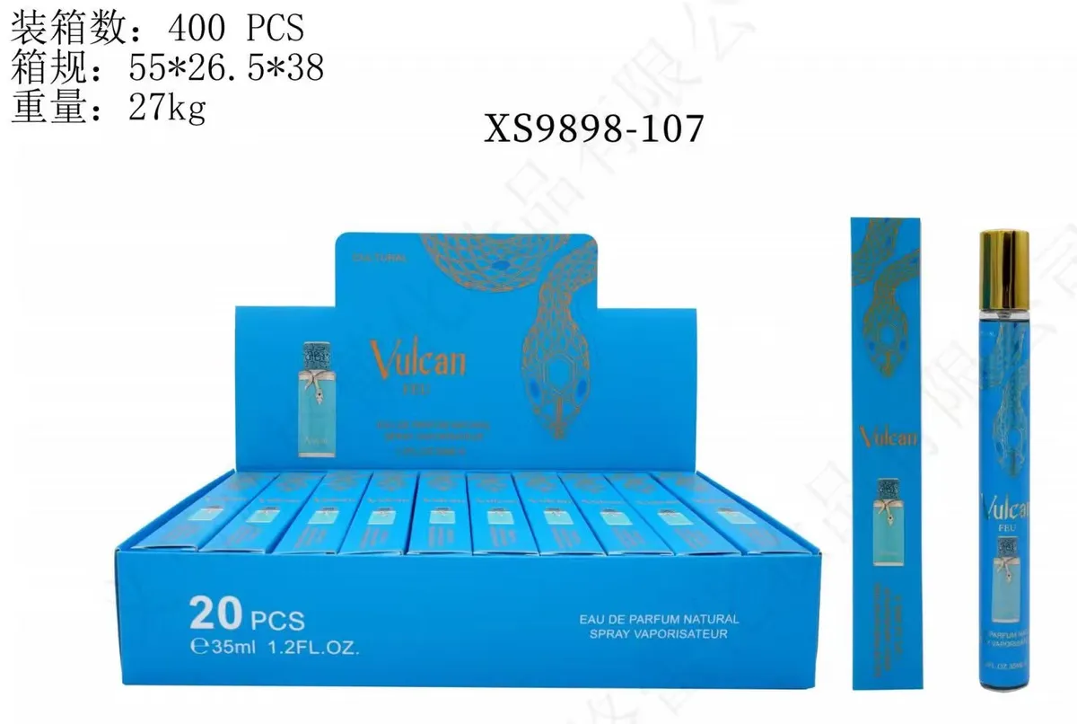 Niebieskie perfumetki Vulcan Feu 35ml w opakowaniu zbiorczym 20 sztuk z grafiką węża