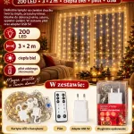 Kurtyna LED na druciku 200 LED 3x2 m ciepła biel z pilotem USB