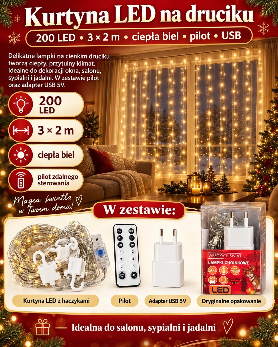 Kurtyna świetlna LED na cienkim druciku z 200 ciepłymi białymi diodami, pilot i adapter USB w zestawie