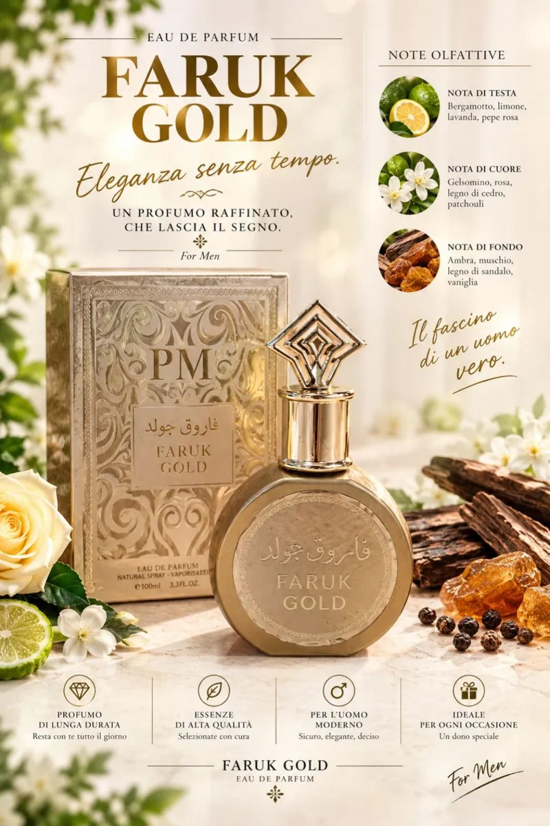 Złoty flakon perfum Faruk Gold 100ml z ozdobnym opakowaniem i naturalnymi składnikami wokół