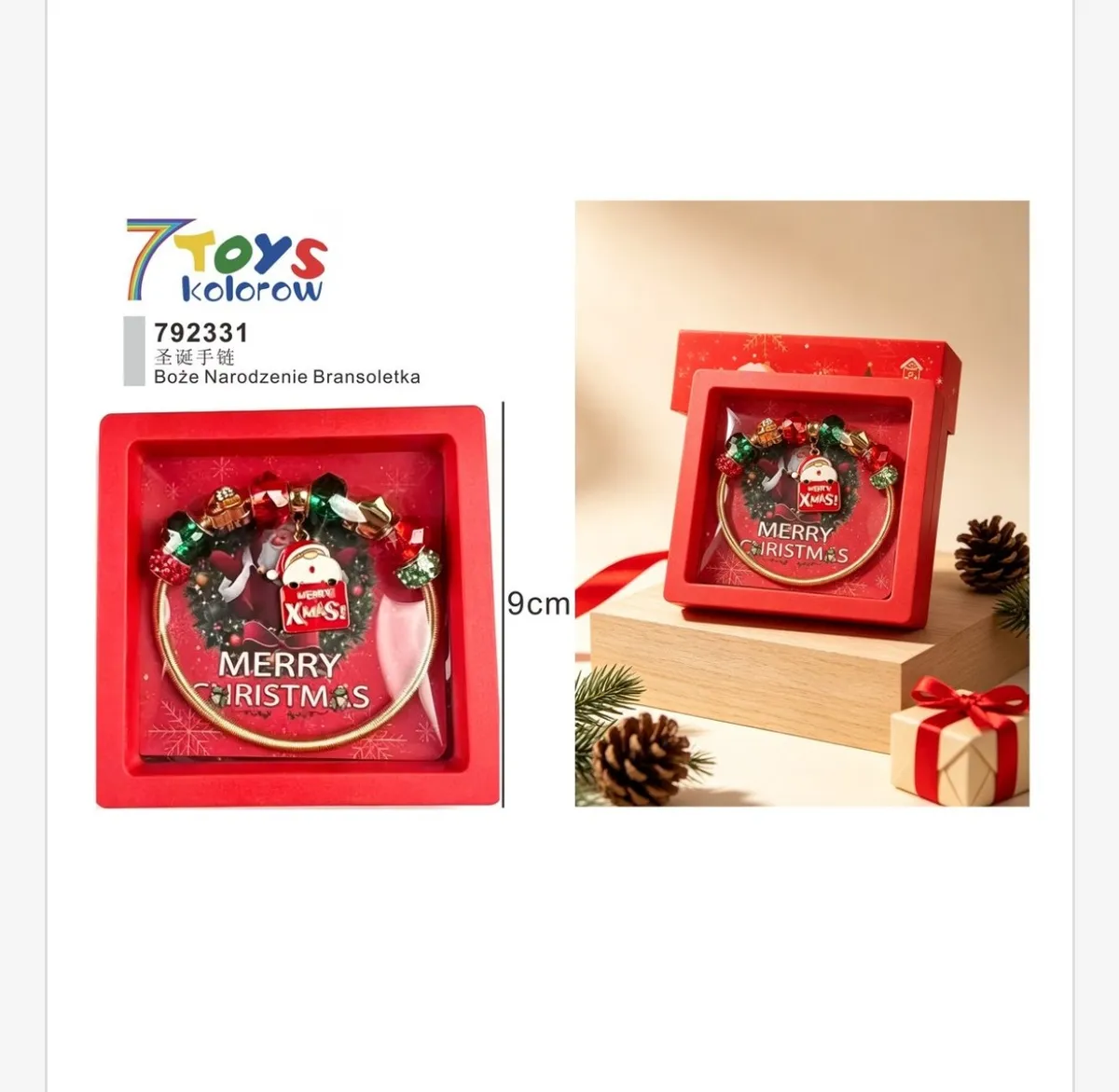 Bransoletka świąteczna z kolorowymi koralikami i zawieszką MERRY XMAS w czerwonym pudełku 9 cm