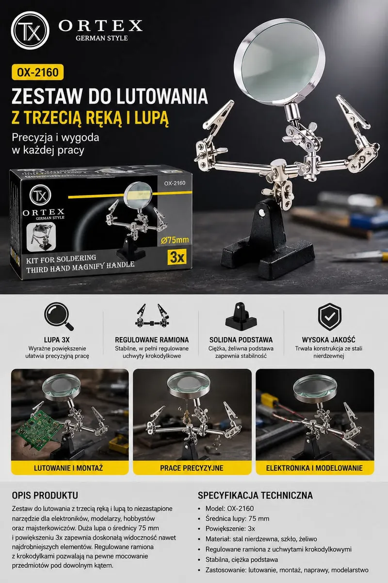 Zestaw do lutowania z lupą 3x o średnicy 75 mm i regulowanymi ramionami na ciężkiej podstawie