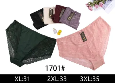 Majtki damskie koronkowe w kolorze pudrowego różu i ciemnej zieleni z etykietami rozmiarów XL 31, 2XL 33, 3XL 35 oraz model 1