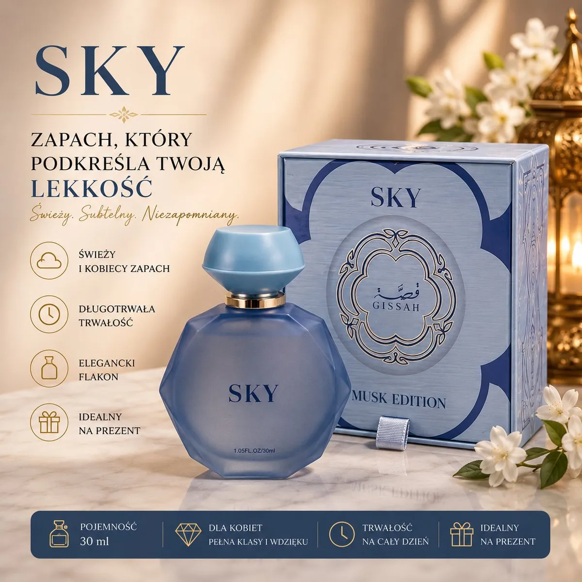 Perfumy SKY Musk Edition 30ml w matowym niebieskim flakonie z eleganckim opakowaniem na tle kwiatów