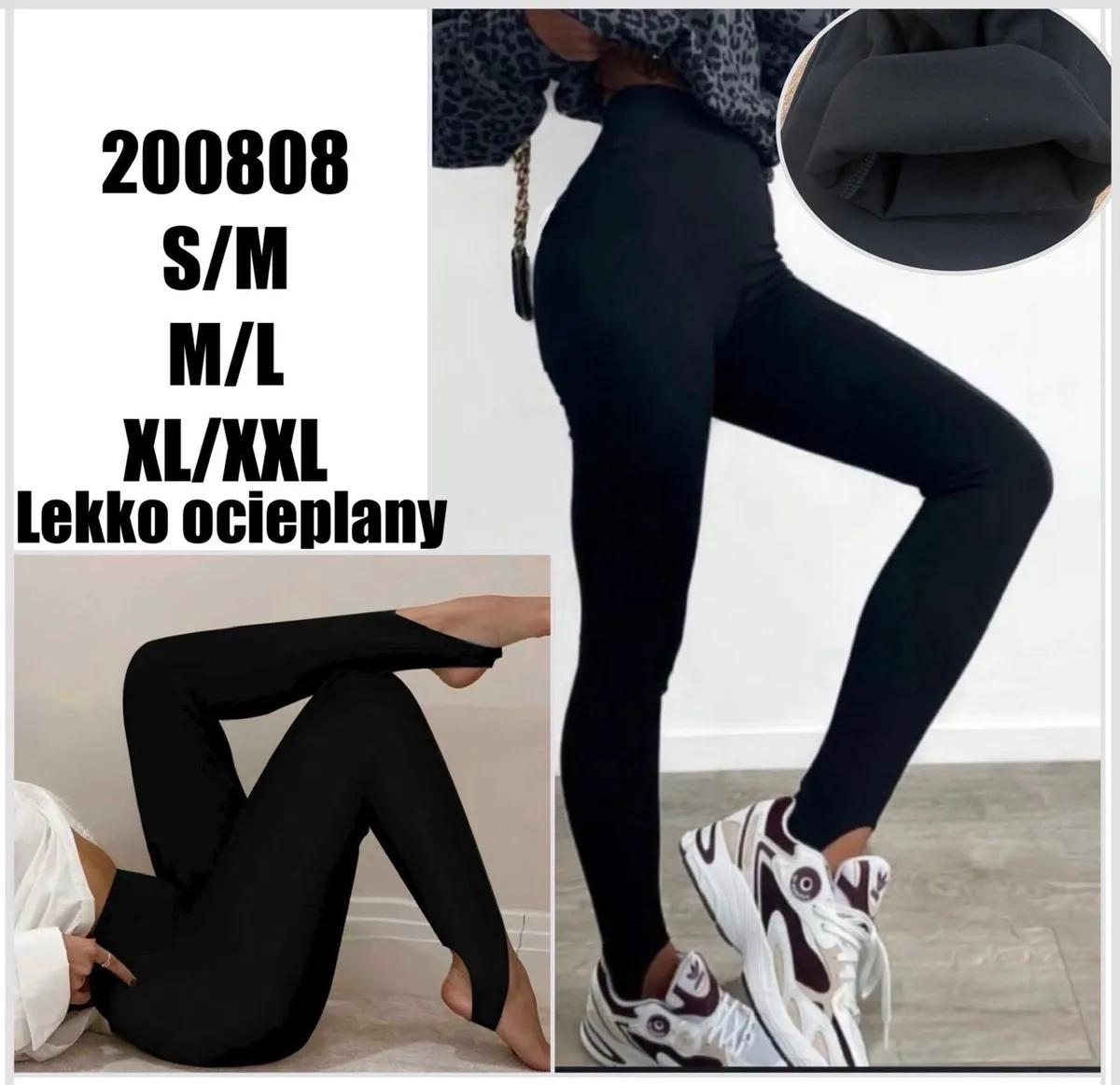 Czarne legginsy damskie lekko ocieplane na modelce, zbliżenie na materiał i wariant rozmiarowy