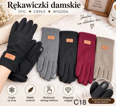 cztery pary damskich rękawiczek w kolorach czarnym, szarym, bordowym i beżowym z naszywką LCS