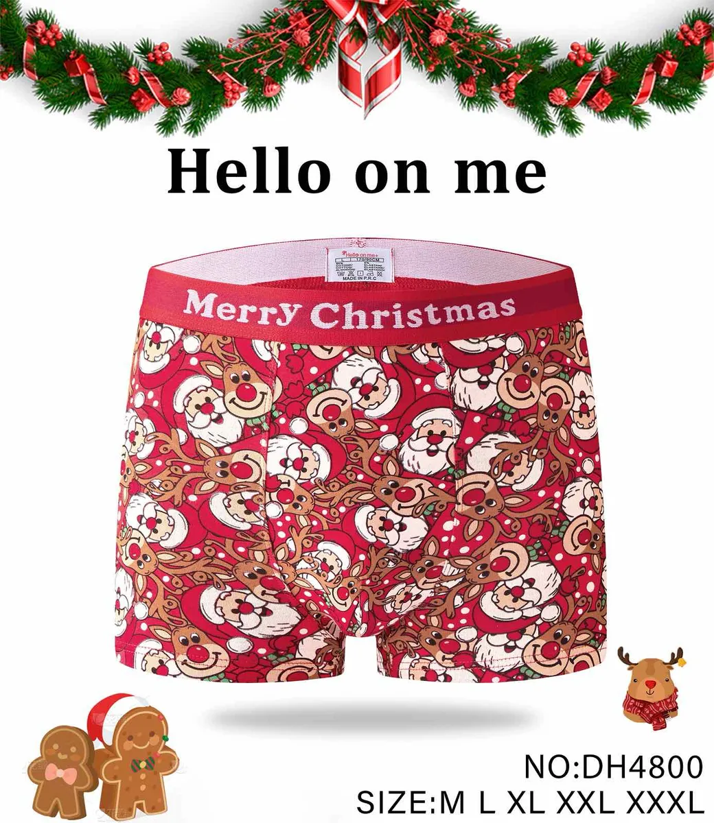 Czerwone bokserki męskie z nadrukiem Mikołaja i renifera oraz napisem Merry Christmas na gumce