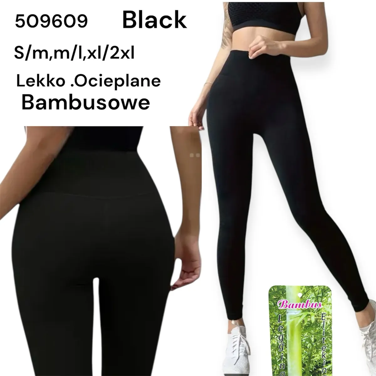 Czarne legginsy damskie bambusowe lekko ocieplane na modelce, widok z przodu i tyłu