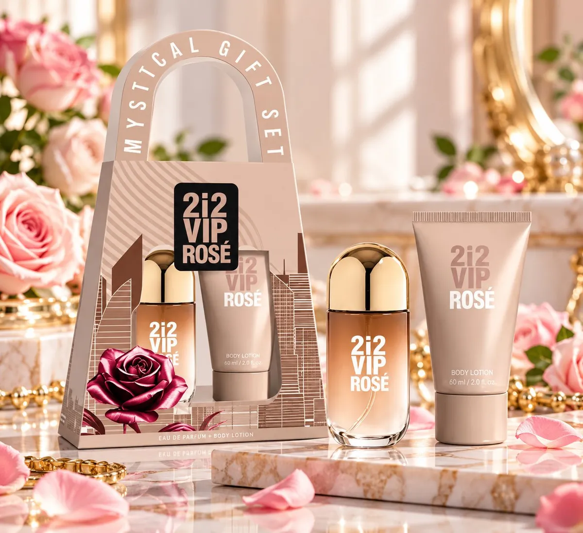 Zestaw prezentowy 2i2 VIP Rosé perfumy 30ml i balsam 60ml w różowo-złotym opakowaniu z motywem róży