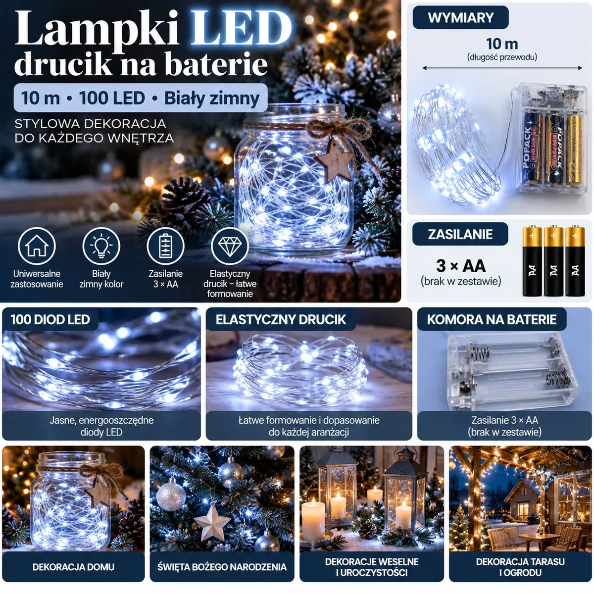 Lampki LED na elastycznym druciku 10 m z 100 diodami, biały zimny kolor, zasilane bateriami AA