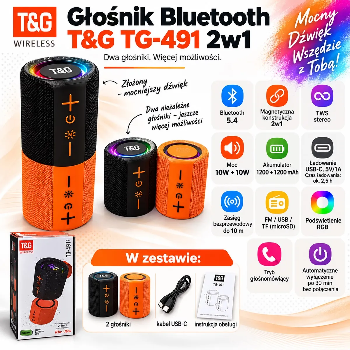 Dwa głośniki Bluetooth T&G TG-491 w kolorze pomarańczowo-czarnym z podświetleniem RGB i kablem USB-C