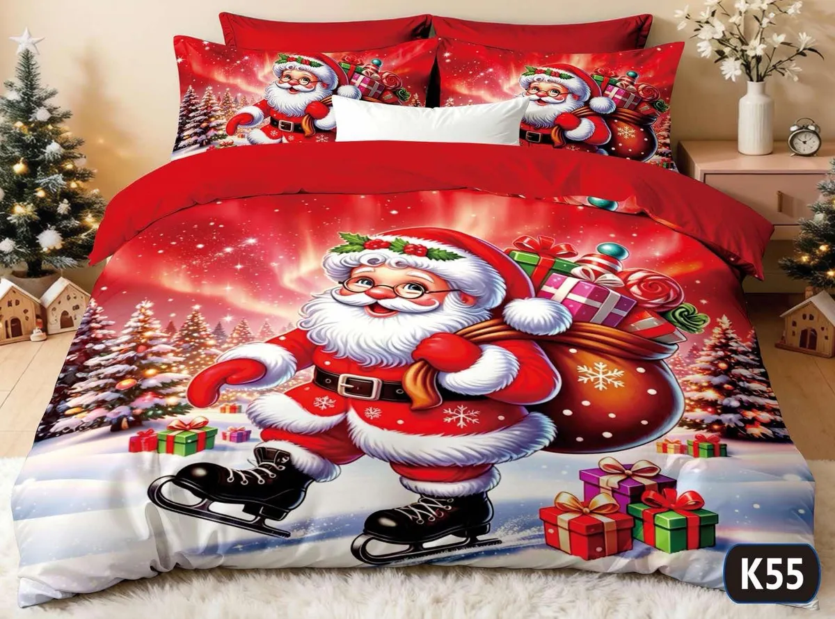 Komplet pościeli z czerwonym motywem Mikołaja na łyżwach i prezentami, 4 częściowy zestaw
