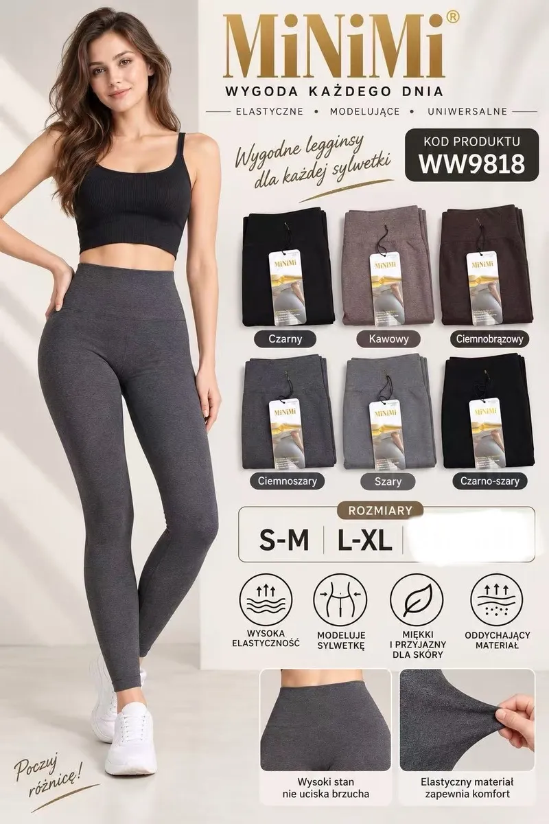 Modelka w szarych legginsach Minimi, obok sześć kolorów legginsów z metkami i opisem cech