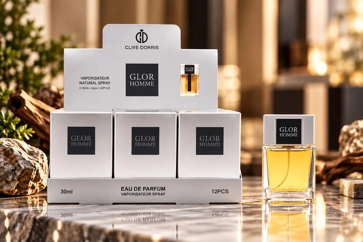 Perfumy Glor Homme 30ml w przezroczystej butelce z białą nakrętką i czarną etykietą, zestaw 12 sztuk w białym opakowaniu