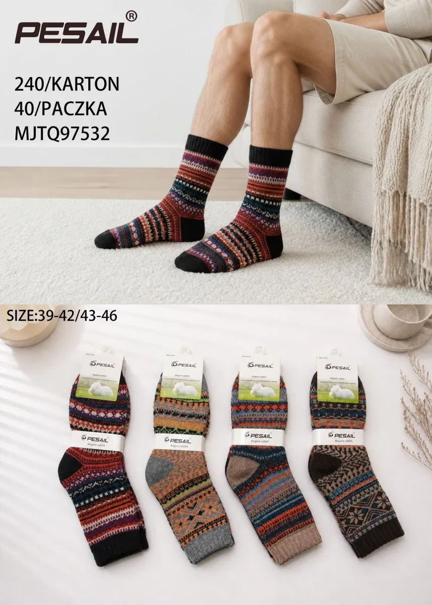 Męskie skarpety wzorzyste w stylu folkowym z angorą, różne kolory i rozmiary 39-46