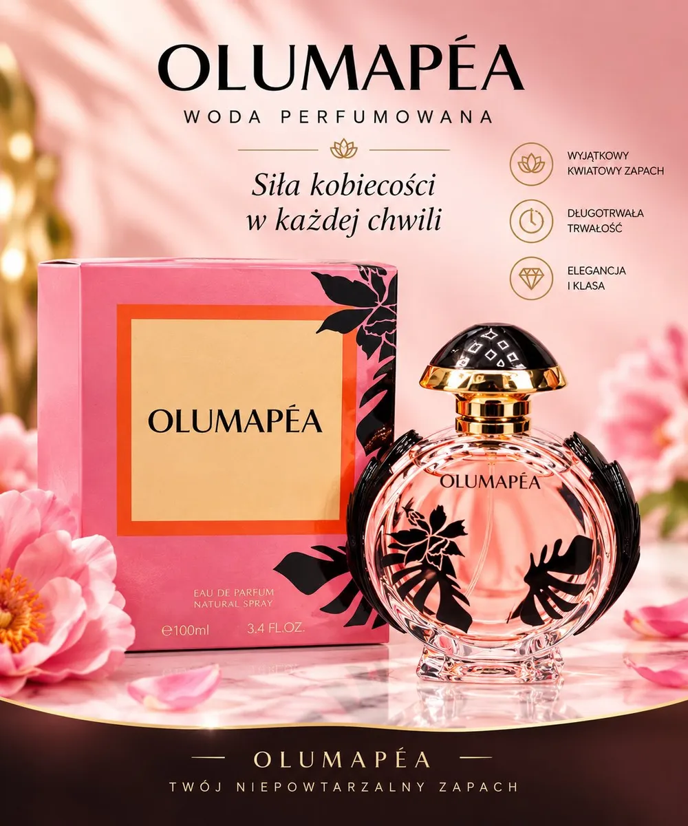 Butelka wody perfumowanej Olumapéa 100 ml z czarnymi liśćmi i złotym korkiem obok różowego pudełka