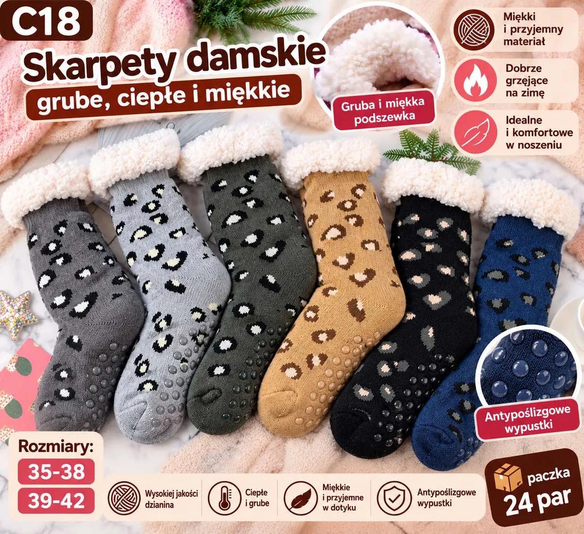 Sześć par damskich skarpet z grubą białą podszewką i wzorem panterki w różnych kolorach