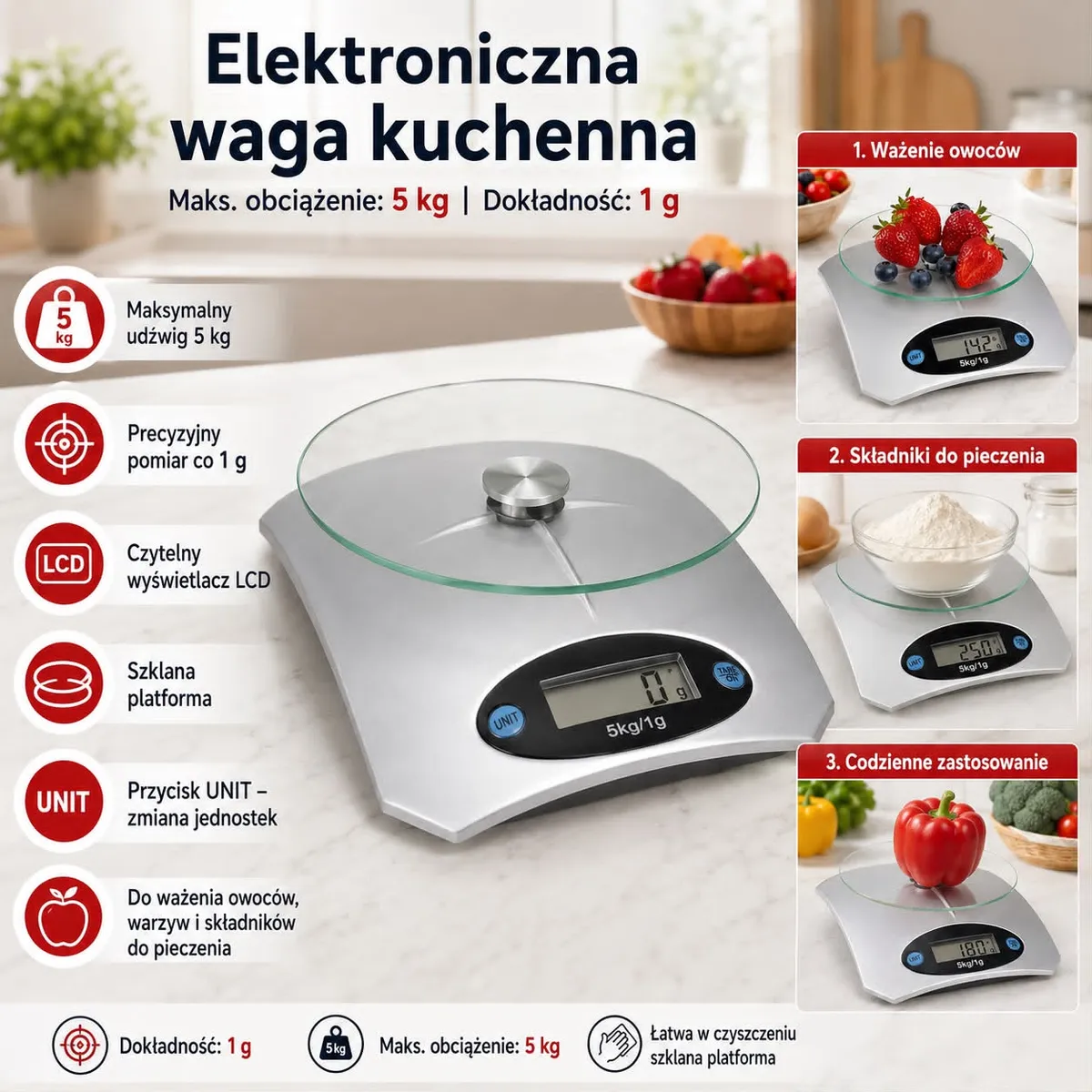 Elektroniczna waga kuchenna z metaliczną podstawą i okrągłą szklaną platformą, wyświetlacz LCD