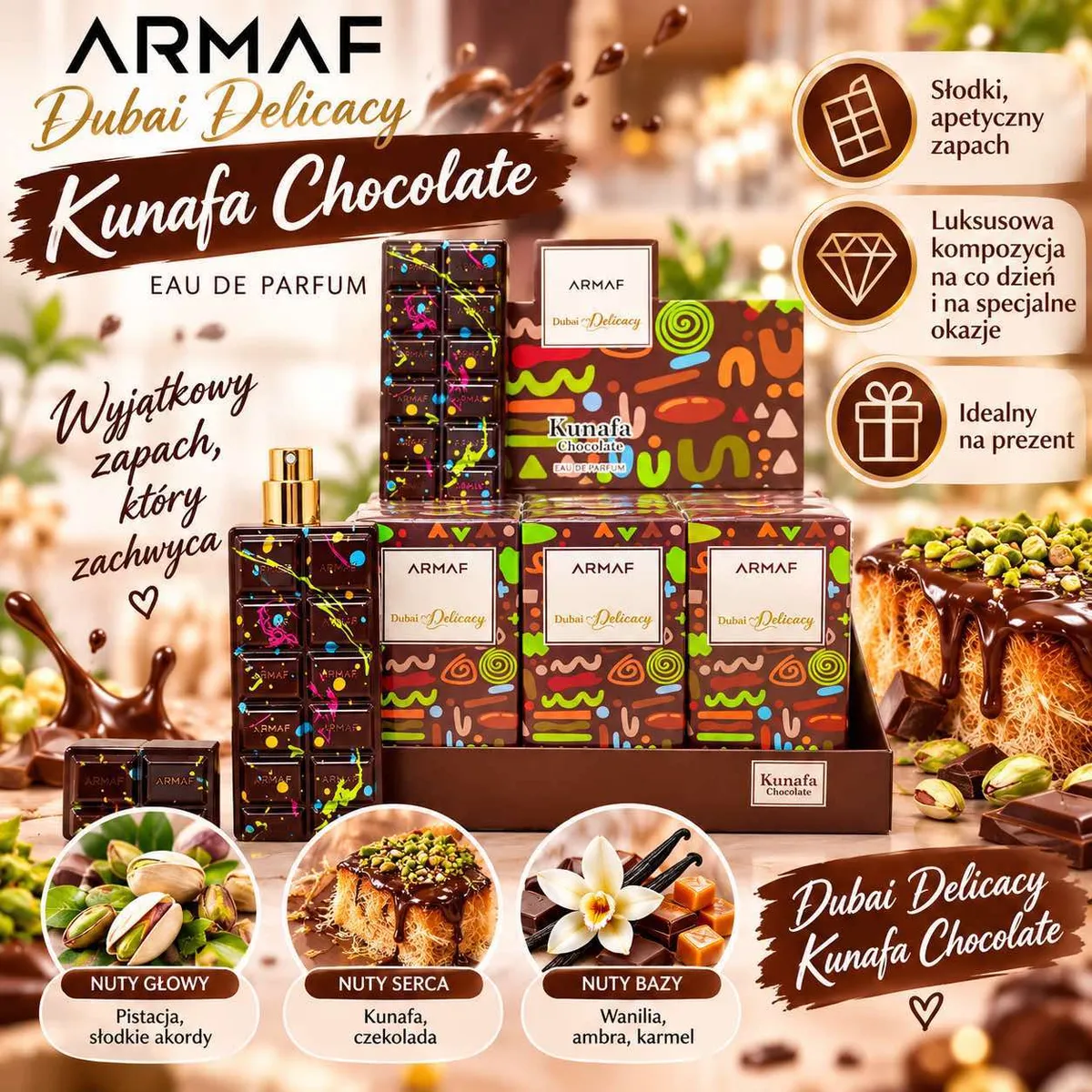 Perfumy Armaf Kunafa Chocolate 30ml w flakonie przypominającym tabliczkę czekolady z kolorowymi wzorami