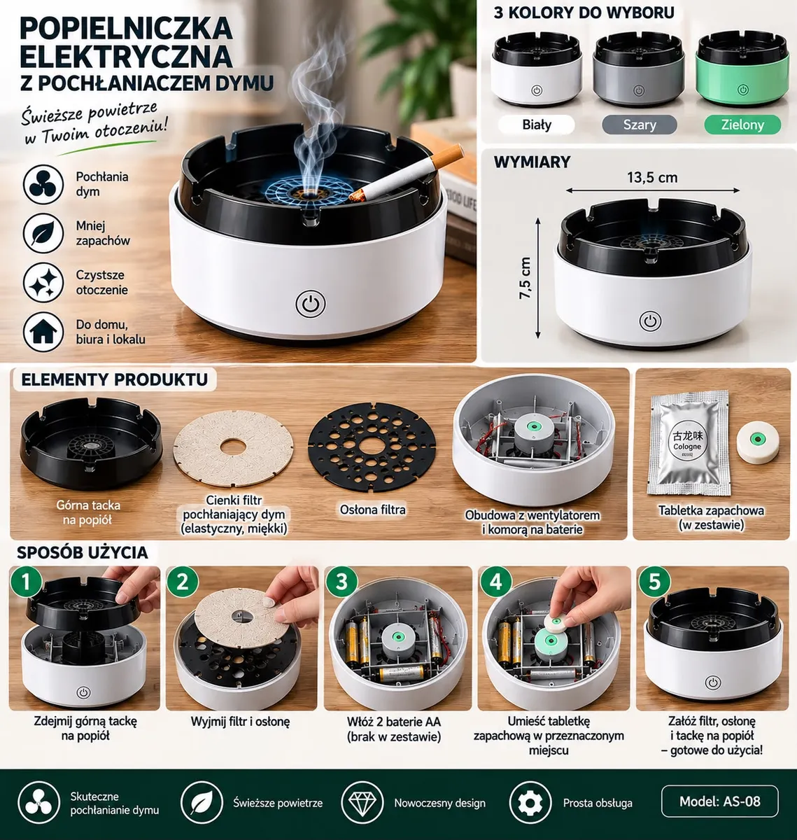 Popielniczka elektryczna biała z czarną tacką, filtr, wentylator i tabletka zapachowa, 3 kolory do wyboru