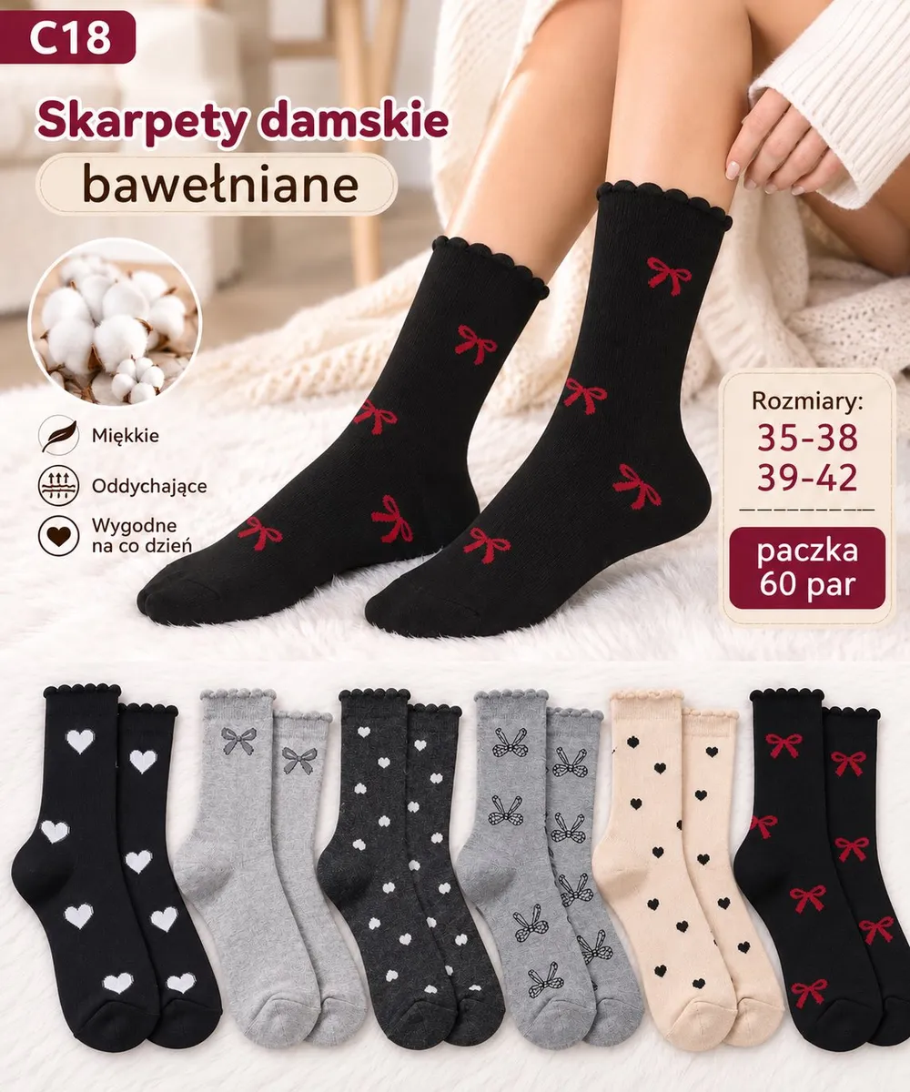 Czarne skarpety damskie z czerwonymi kokardkami i falbanką, różne wzory i kolory w zestawie