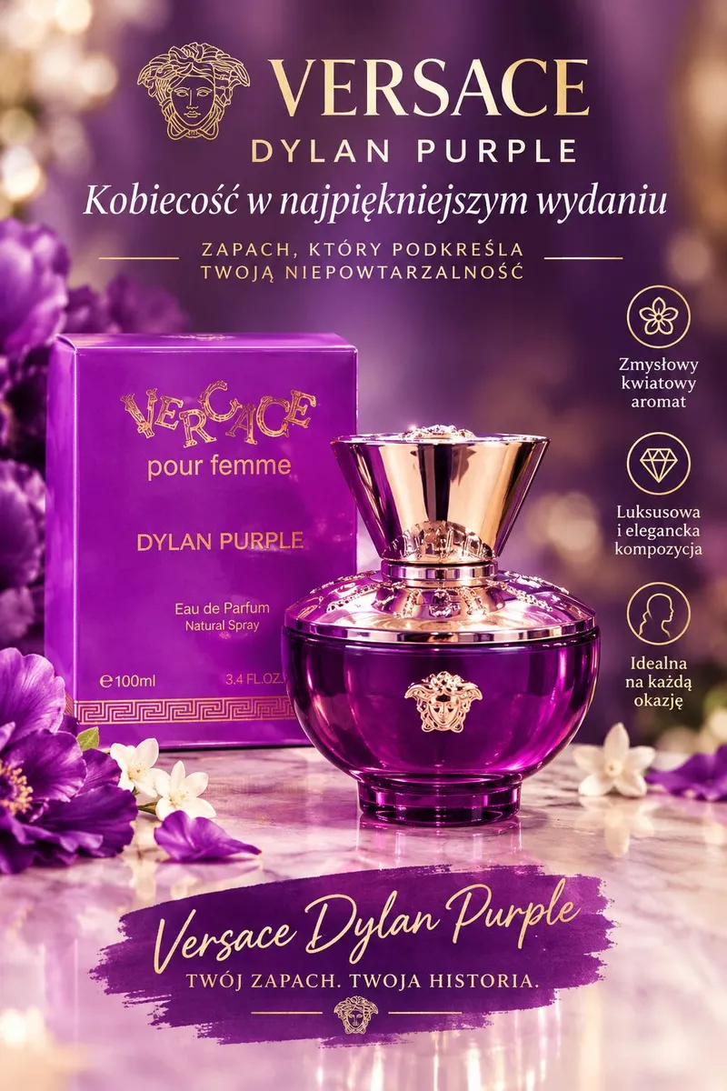 Fioletowy flakon perfum Versace Dylan Purple 100 ml z metalicznym złotym korkiem i fioletowe pudełko