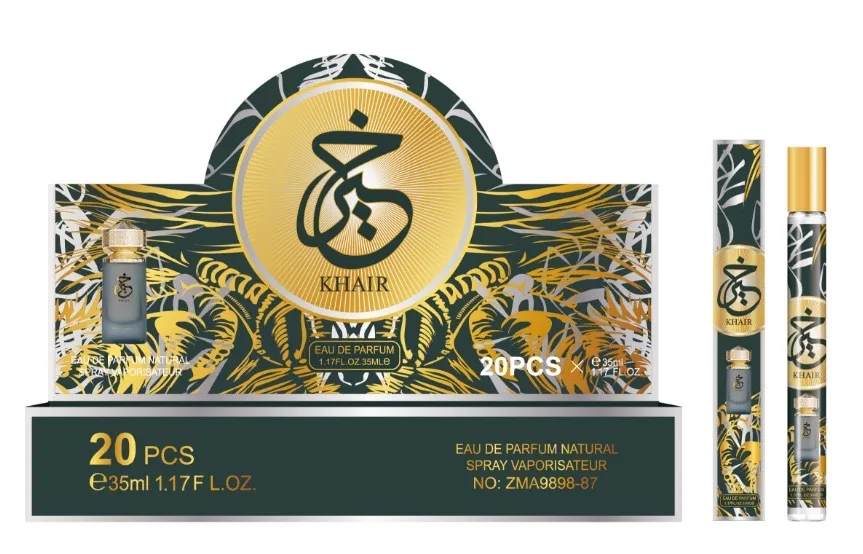 Perfumy Khair 35ml w szklanej butelce ze złotą nakrętką i opakowanie zbiorcze 20 sztuk w czarno-złotym designie
