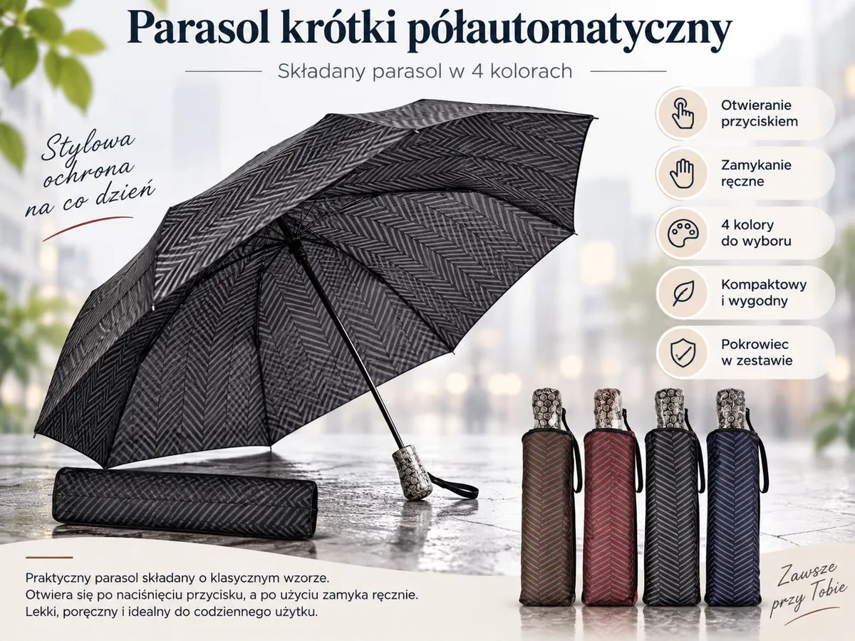 Parasol krótki półautomatyczny składany w 4 kolorach z pokrowcem, klasyczny wzór, otwieranie przyciskiem