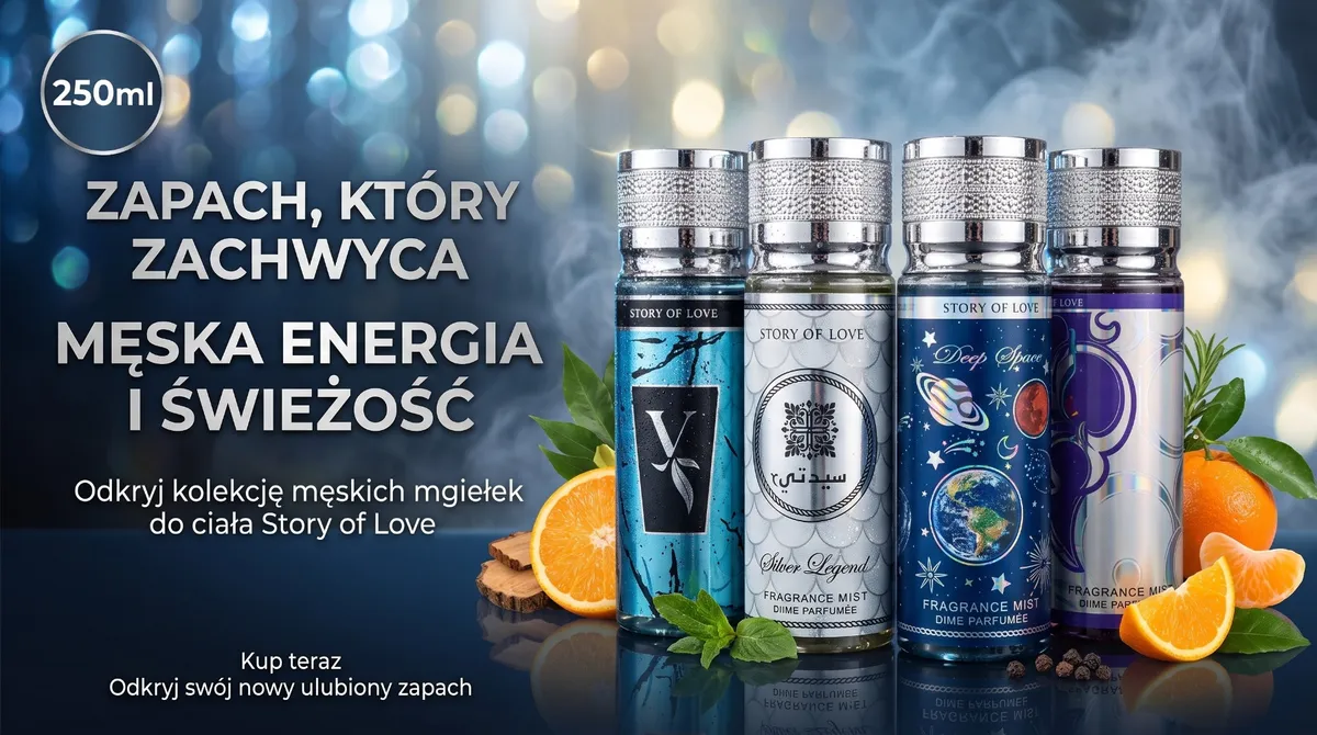 cztery butelki męskiej mgiełki do ciała 250 ml z kolorowymi etykietami i srebrnymi korkami