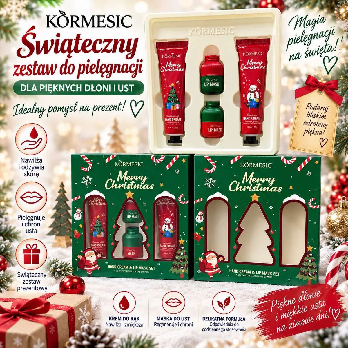 Świąteczny zestaw kremów do rąk i masek do ust Kormesic w zielono-czerwonym opakowaniu z motywami choinki i bałwanka