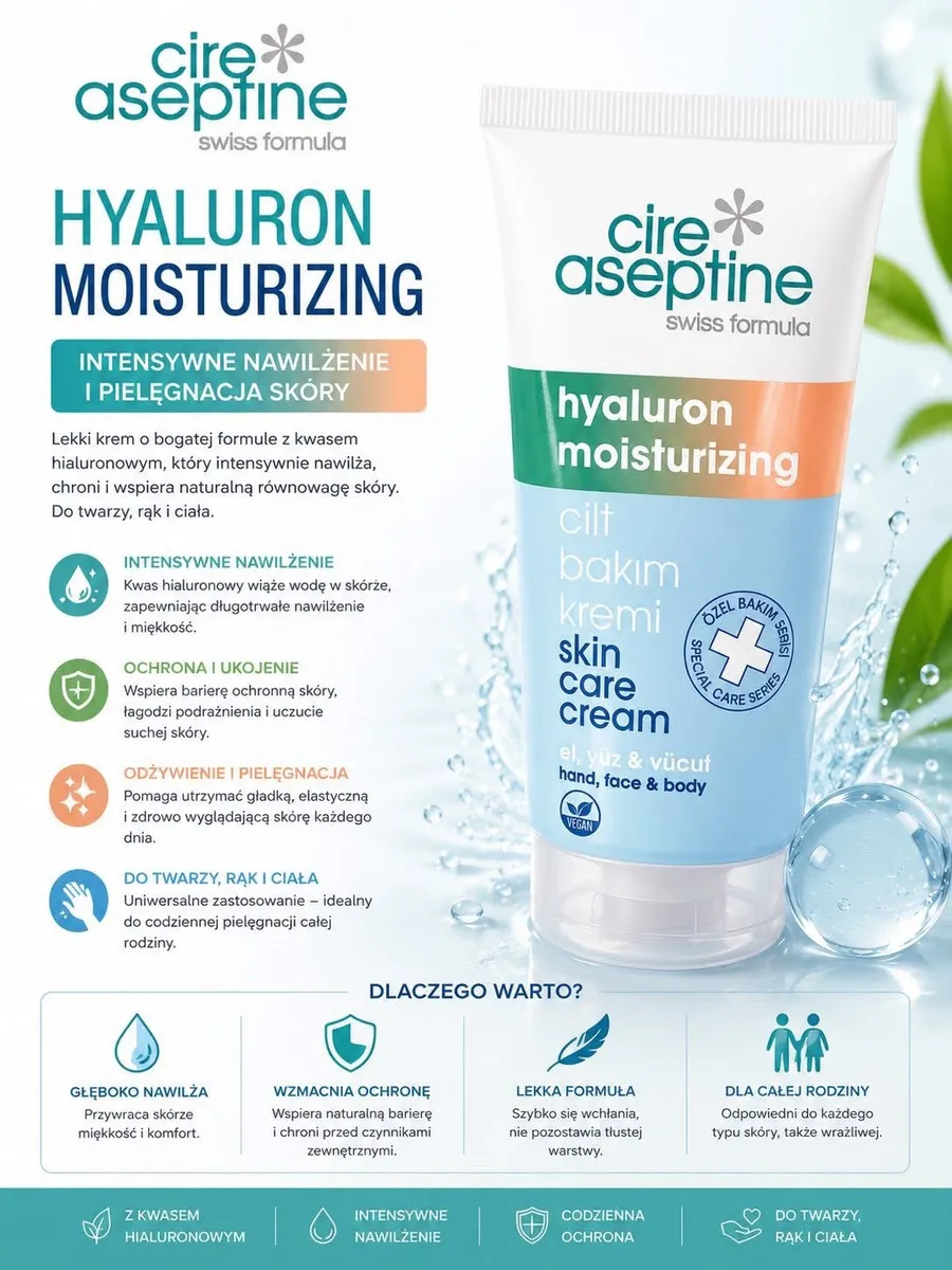 Tubka kremu cire aseptine Hyaluron Moisturizing z opisem właściwości i zastosowania