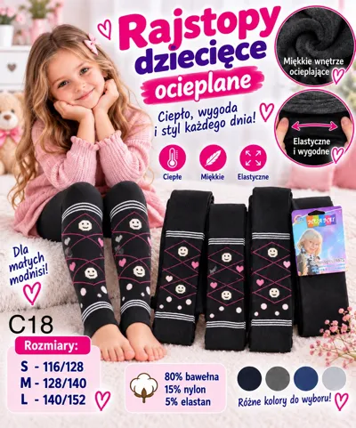 Czarne rajstopy dziecięce ocieplane z różowymi i białymi wzorami, trzy rozmiary na modelce i opakowanie