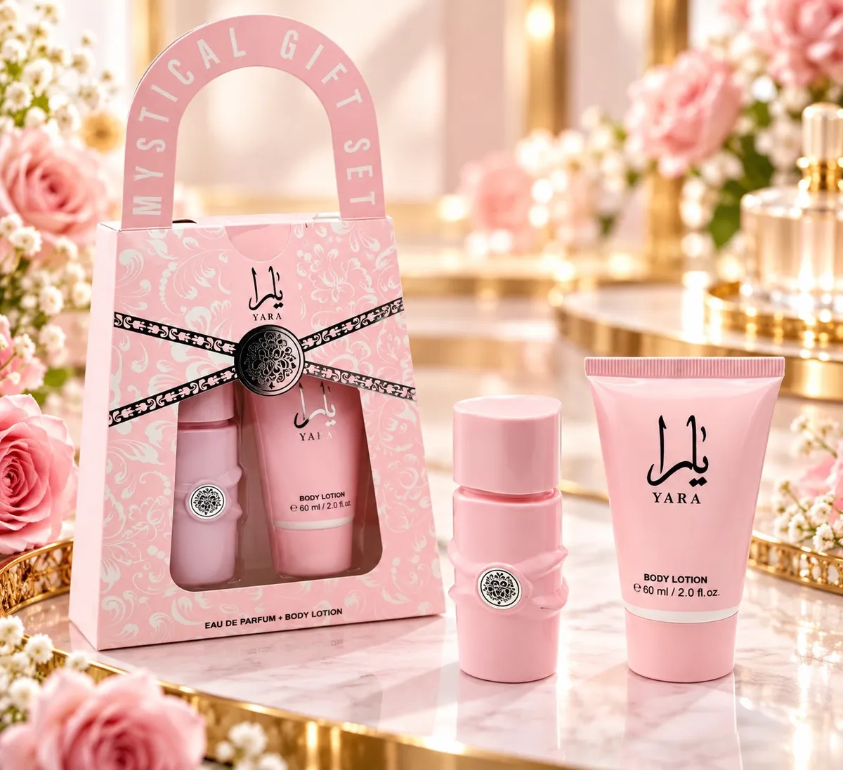 Różowy zestaw prezentowy YARA z perfumami 30ml i balsamem do ciała 60ml na marmurowym blacie