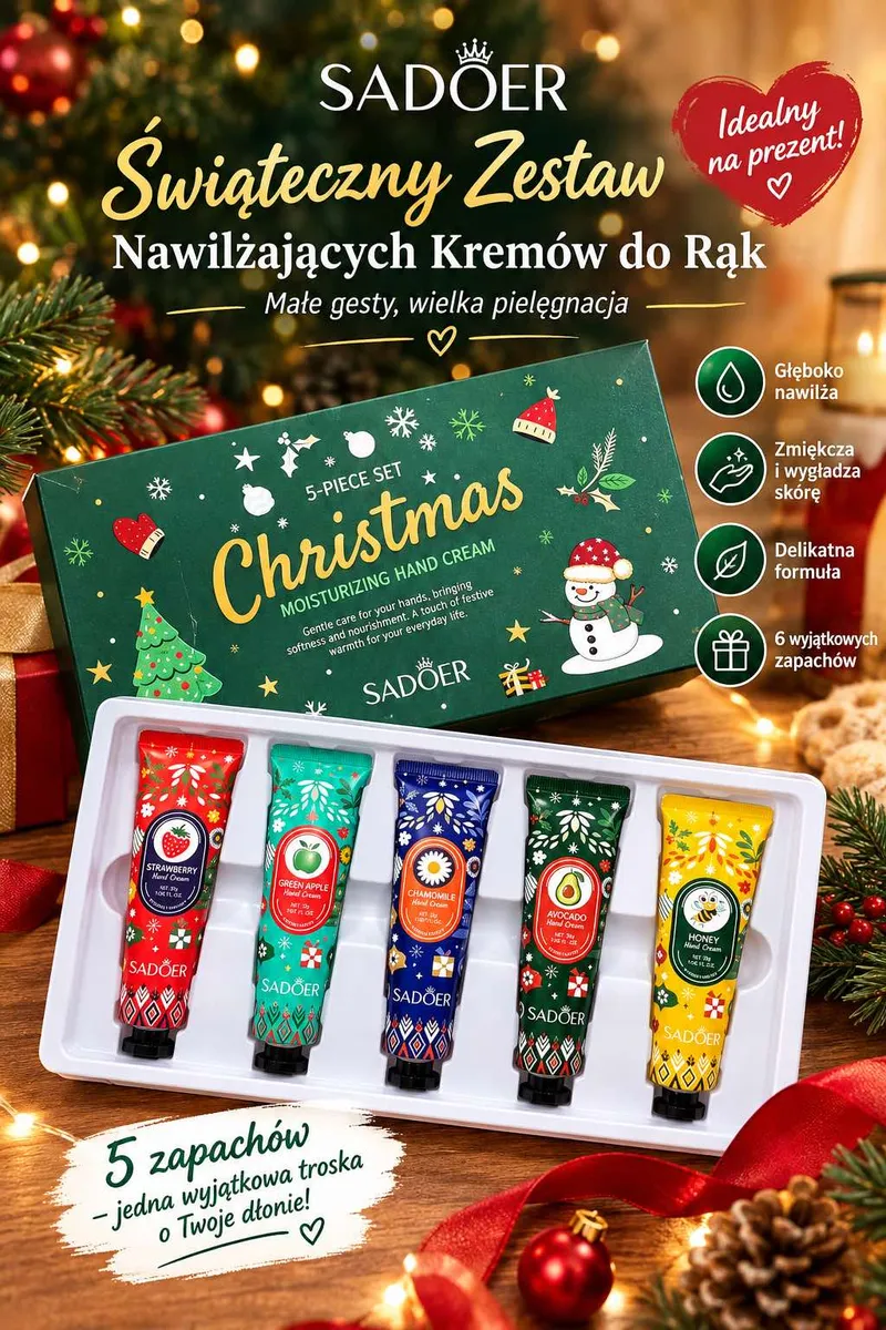 Zestaw 5 kremów do rąk SADOER w kolorowych tubkach z motywami świątecznymi na tle dekoracji choinkowych