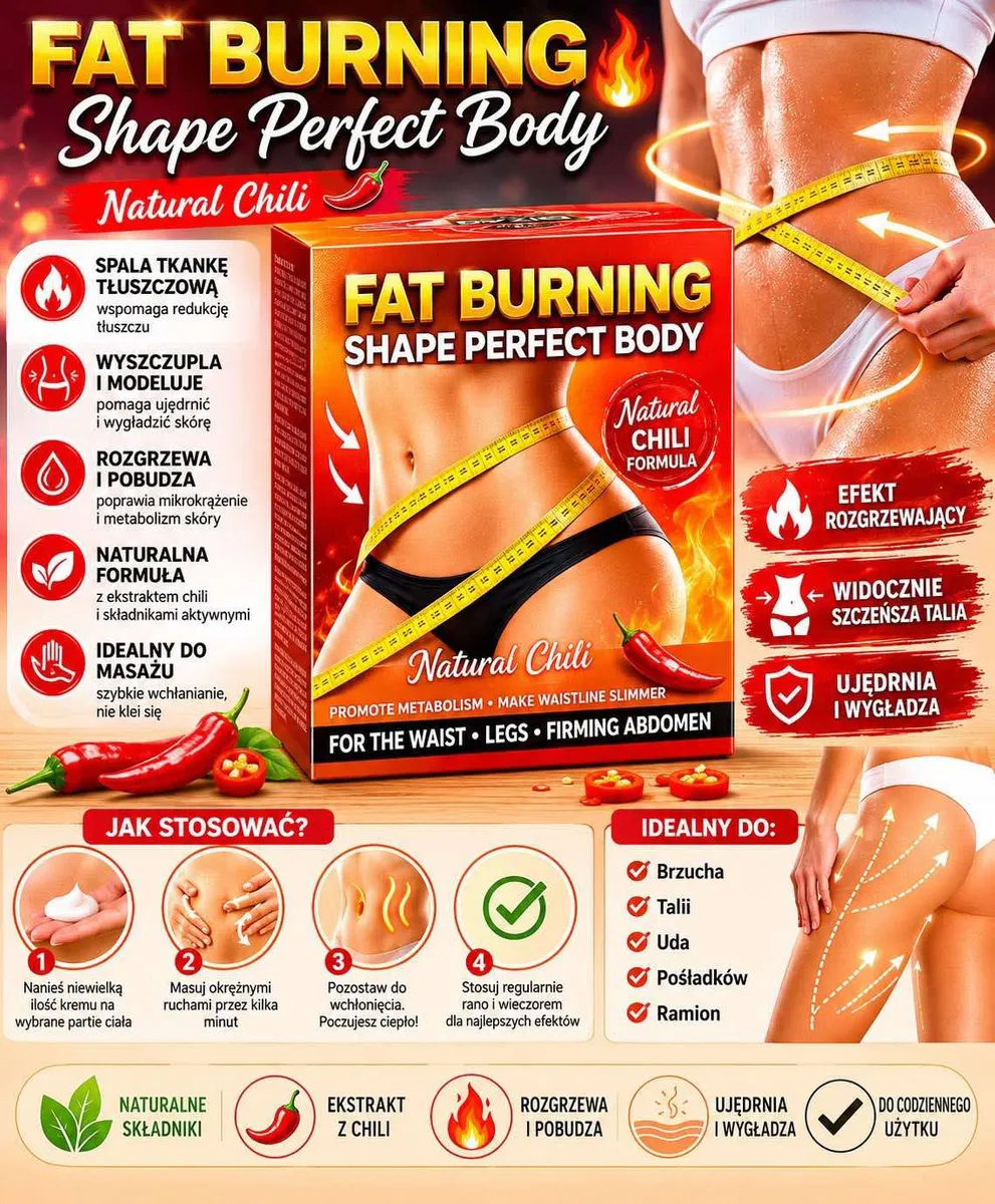 Opakowanie kremu Fat Burning Shape Perfect Body z ekstraktem chili oraz ilustracje efektów modelowania sylwetki