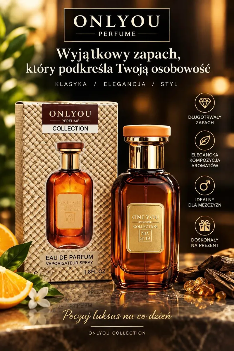 Butelka perfumu OnlyYou 30 ml w bursztynowym szkle z złotą nakrętką i opakowanie z plecionką